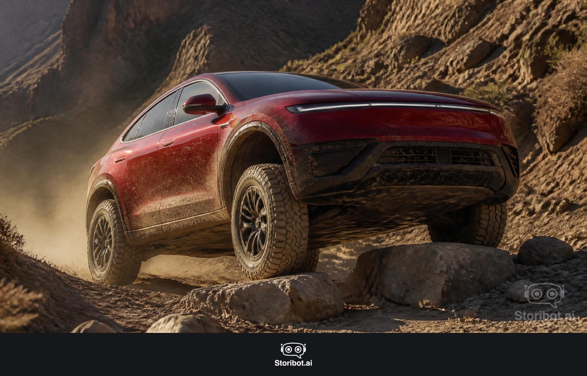 Veloria Altura 135 climbing a rough rocky dirt trail with air suspension raised, mud on the bodywork