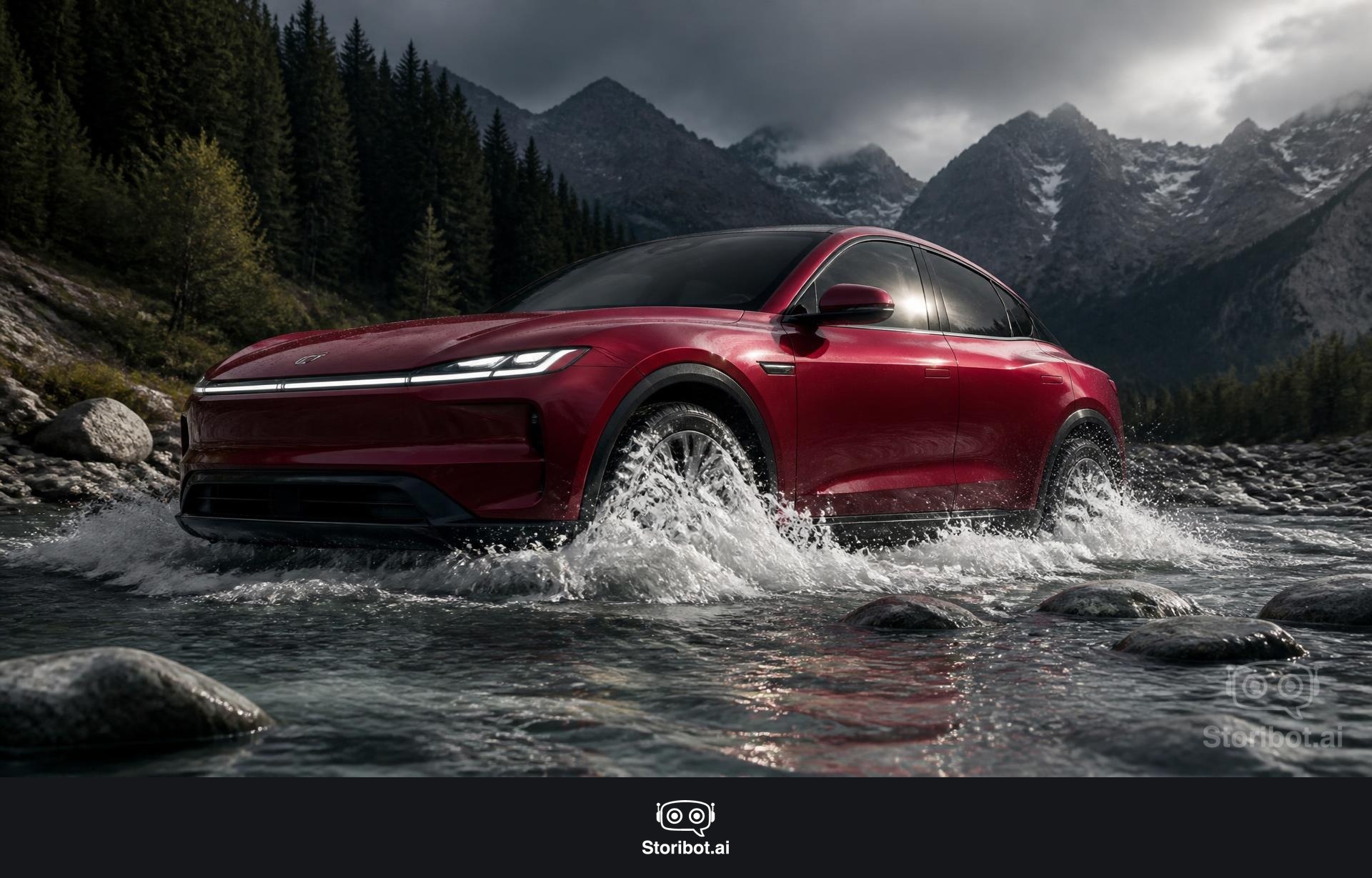 Veloria Altura 135 fording a rocky mountain river with air suspension at maximum height