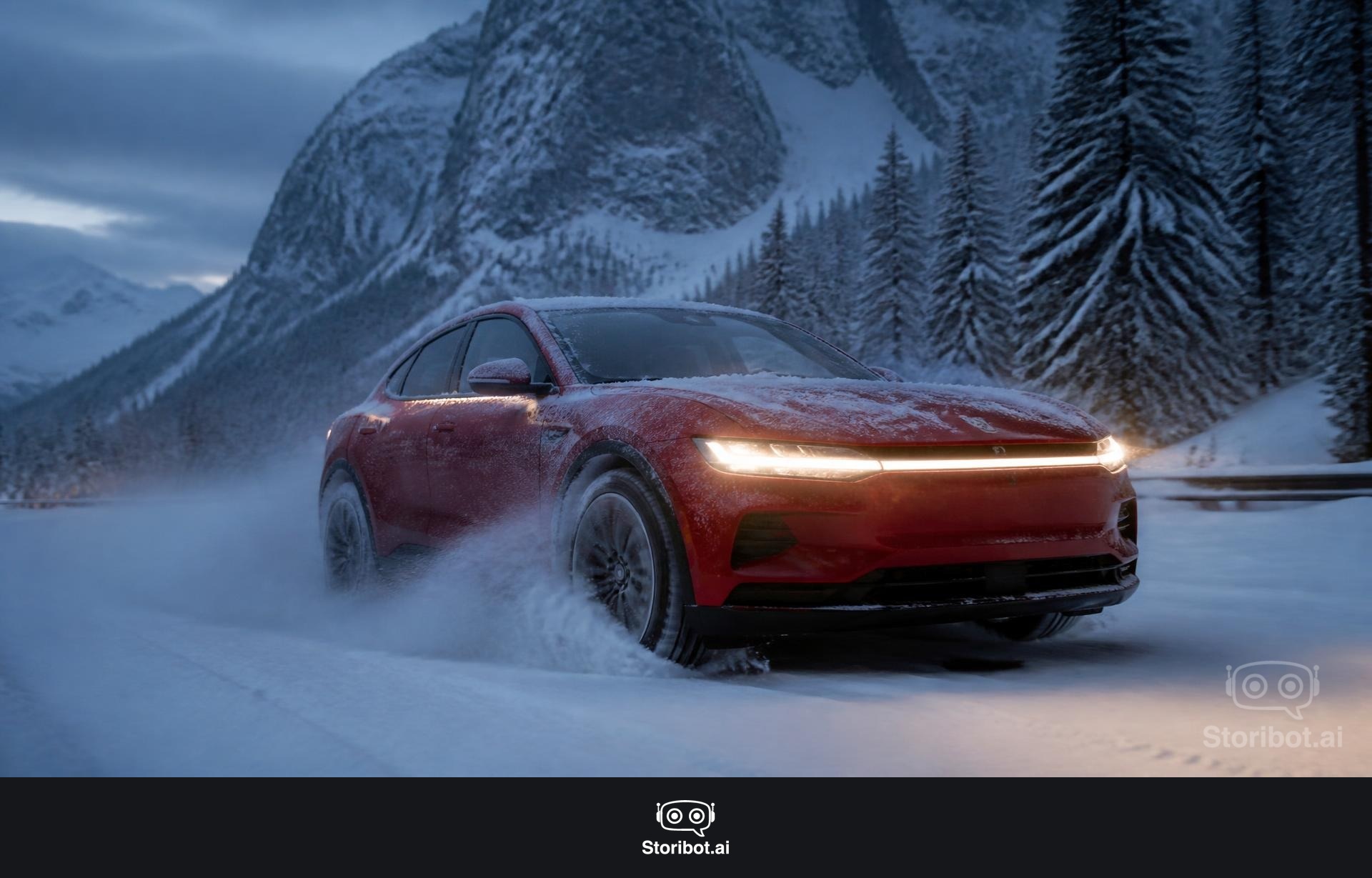 Veloria Altura 135 driving through deep snow on an alpine mountain pass at dusk